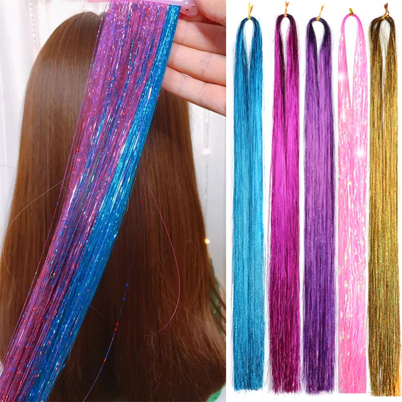 Tinsel Sparkle Synthetic Hair Extension 10PCS/Pack Glitter Colorful Laser Silk Party Hair Extensions Colored Silk Bling Hair