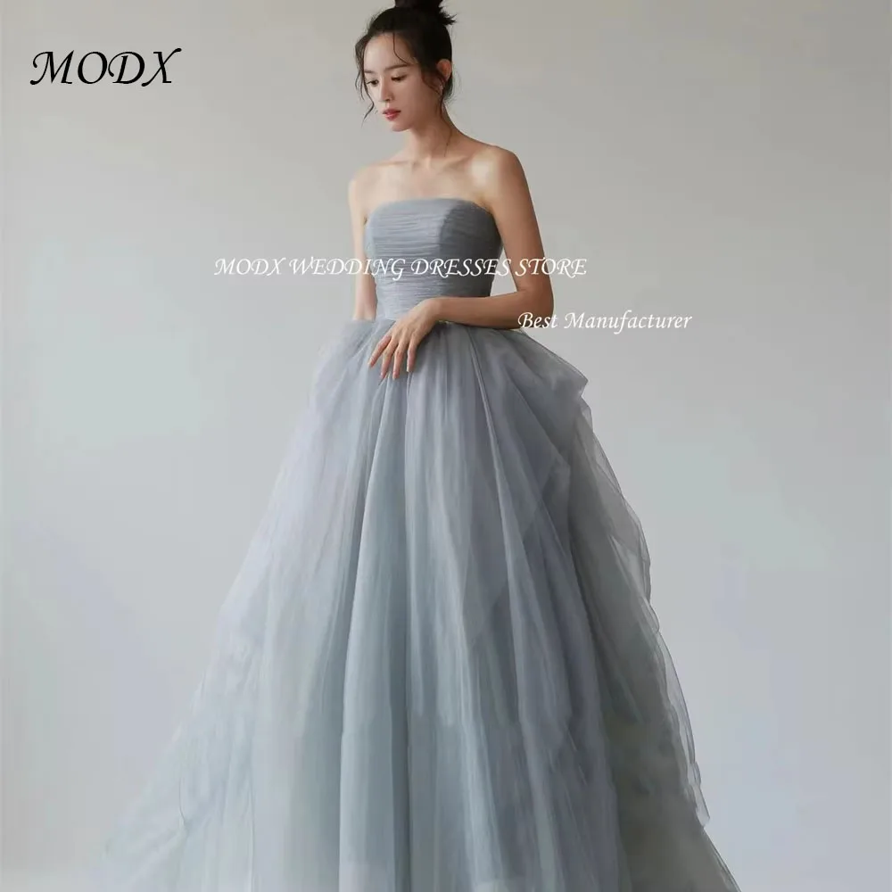 MODX Sierlijke Tule Korea Trouwjurken Fotoshoot Strapless A-lijn Vloerlengte Plooi Prinses Avondfeest Jurken Corset
