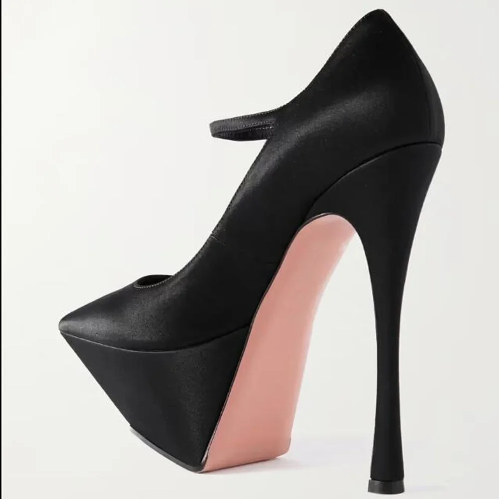 Stiletto Heels Women\'s Sandals 2024 Black Satin Platform Sandals Pointed Toe New Ankle Buckle Solid Summer 2024 New Elegant