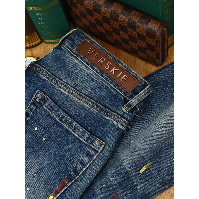 두꺼운 청바지 남성용 신상 블루 핸드페인팅 그래피티 레트로 슬림핏 바지 가을 겨울 2025