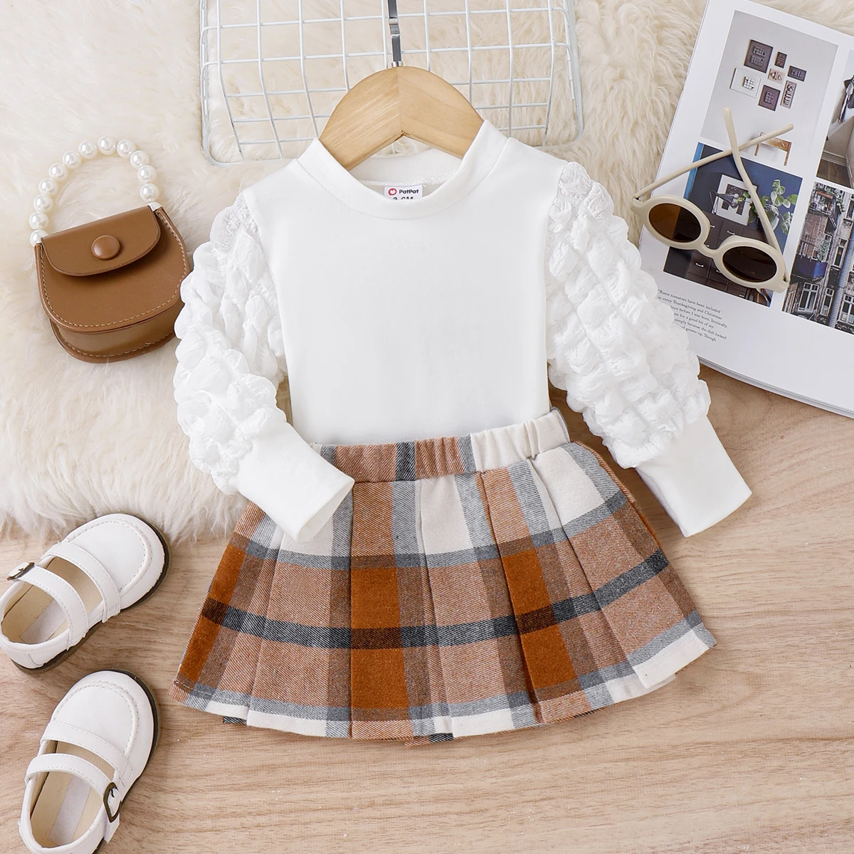 

PatPat 2pcs Baby Girl Gigot Sleeve Top & Plaid Skirt Set