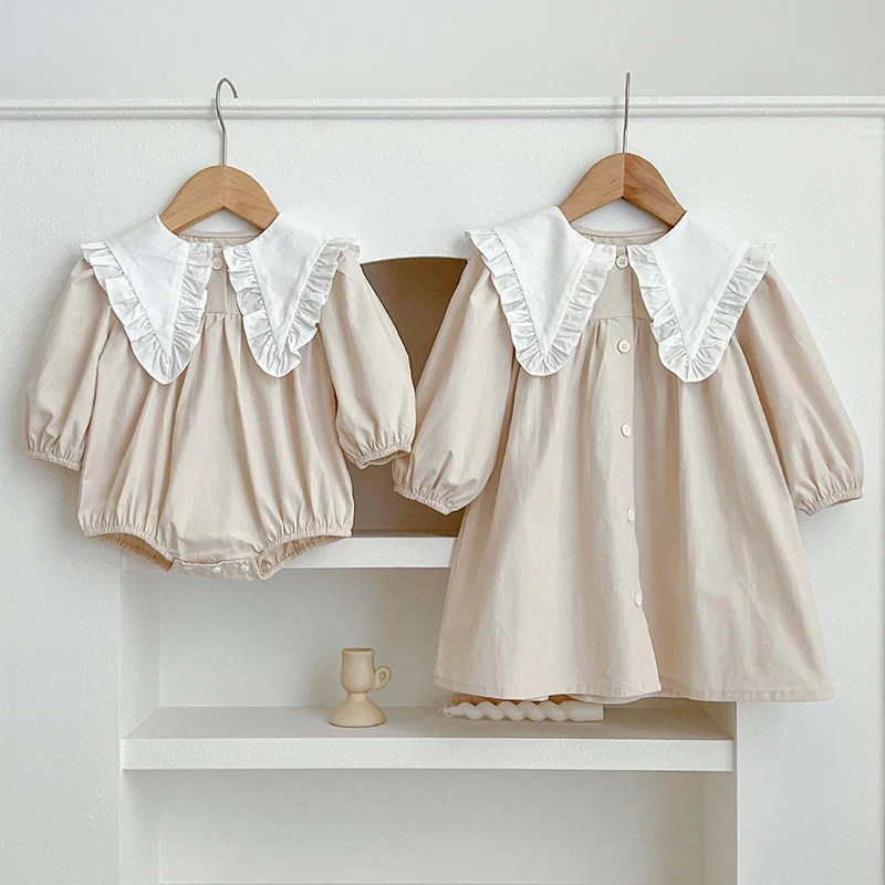 

Infant Kids Baby Girls Long Sleeve Sweet Solid Color Sisters Dress Spring Autumn Newborn Baby Girls Princess Clothes Rompers