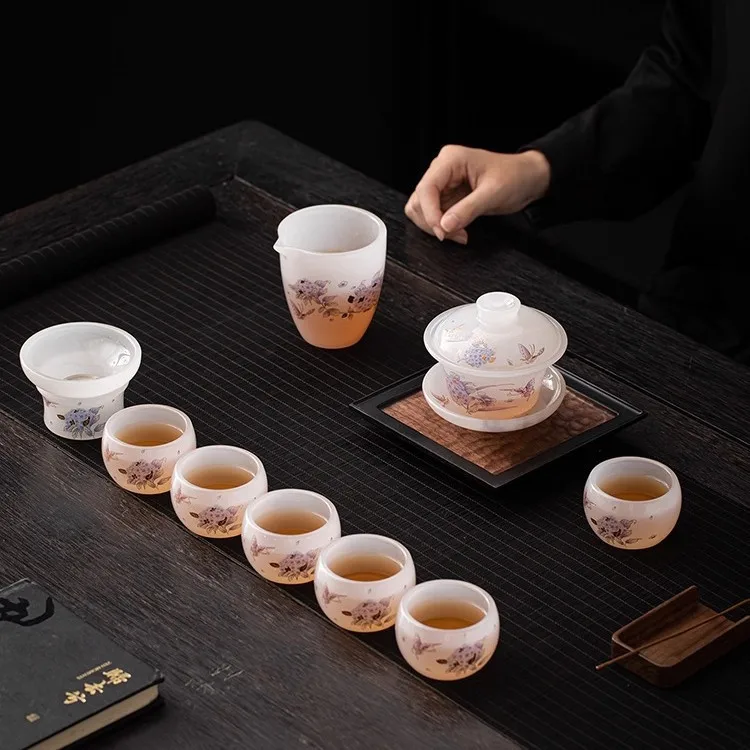 Glazed hydrangea Chinese tea set Household light luxury high-end teapot tea set