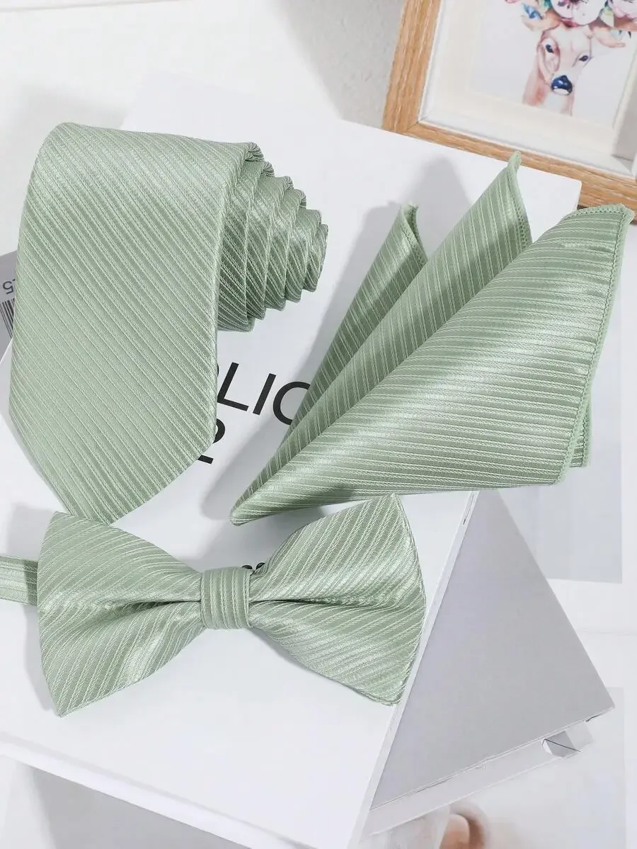 Conjunto de 3 piezas de corbata, pajarita y pañuelo de bolsillo a rayas verde menta para hombre, para bodas y fiestas formales