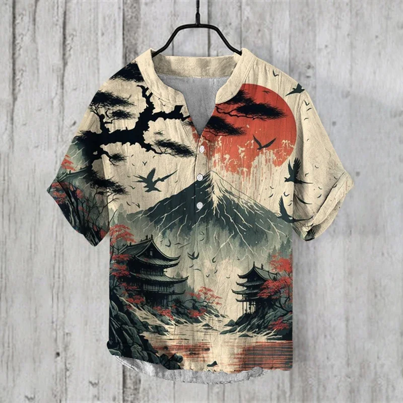 

Retro fashion Henley Collar Summer Men Casual print Short Sleeve T Shirts for Men Japanese art shirt