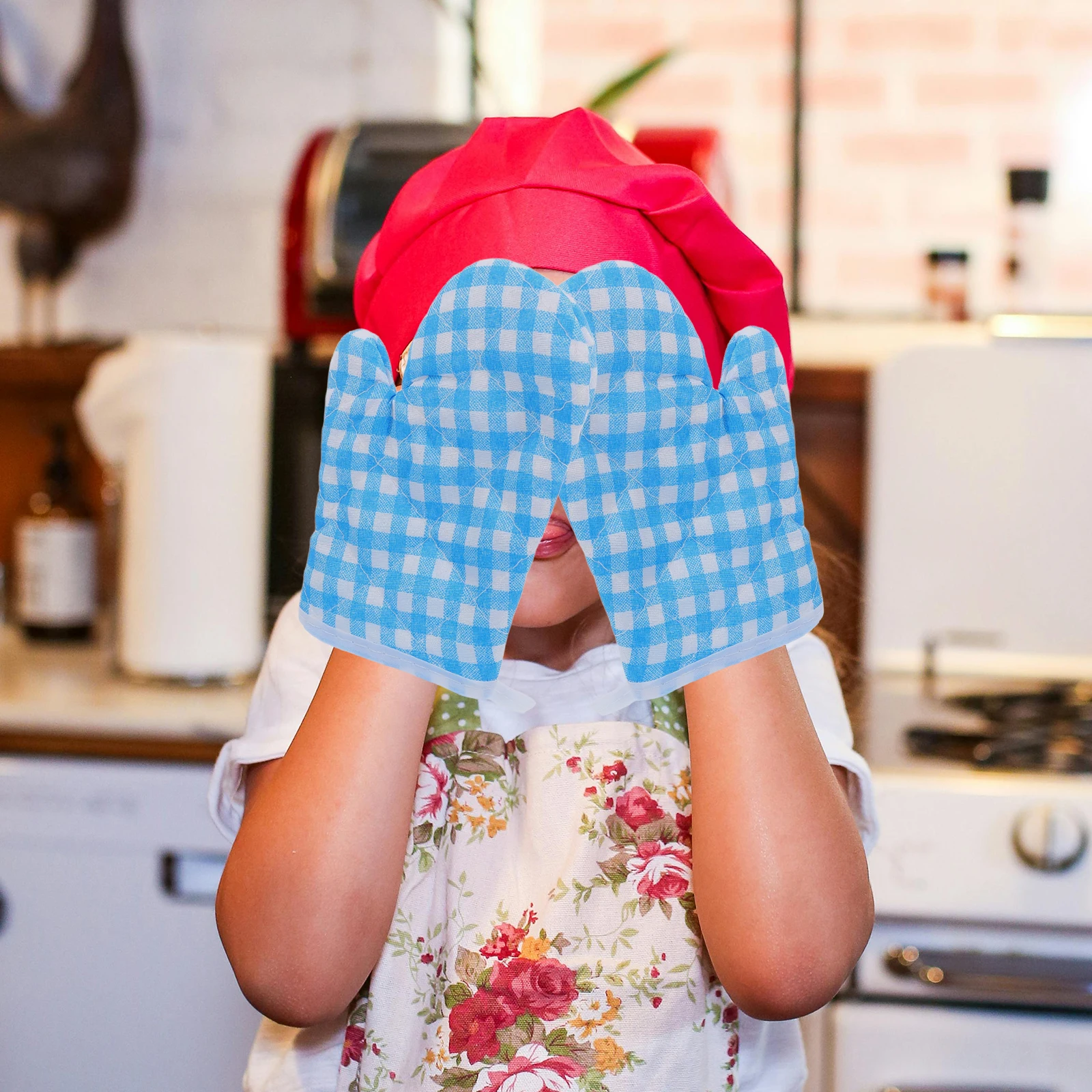 

2Pair Children's Microwave Oven Mitts Heat Resistant Plaid Design Kids Oven Gloves for Baking Cooking Safety Kitchen Gloves