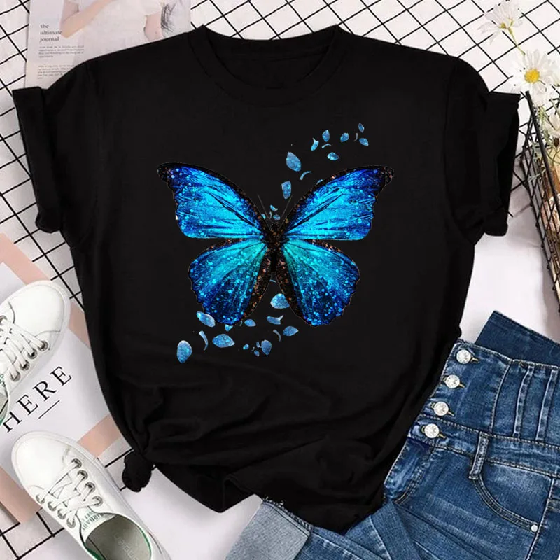 New Blue Butterfly Floral Printed T-Shirt Women's Summer Casual Short Sleeve O-neck Tops 90s Fashion Graphic Female Tops Tees
