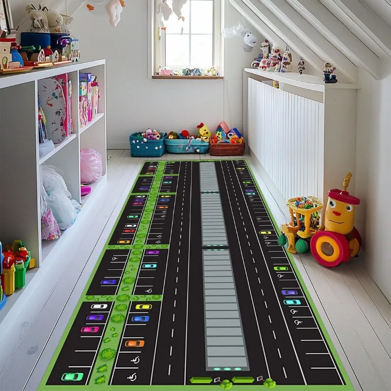 Kids Car Parking Lot Runner Rug Soft Non-Slip Traffic Playmat Cartoon Road Vehicle Themed Carpet for Hallway Playroom Bedroom