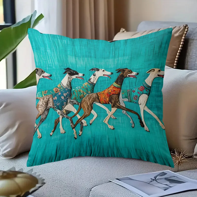 1pc Cute Greyhound Running Art Print Pillow Cover, 2D Double-Sided Polyester Cushion Case, Colorful Boho Dog Room Decor, Perfect
