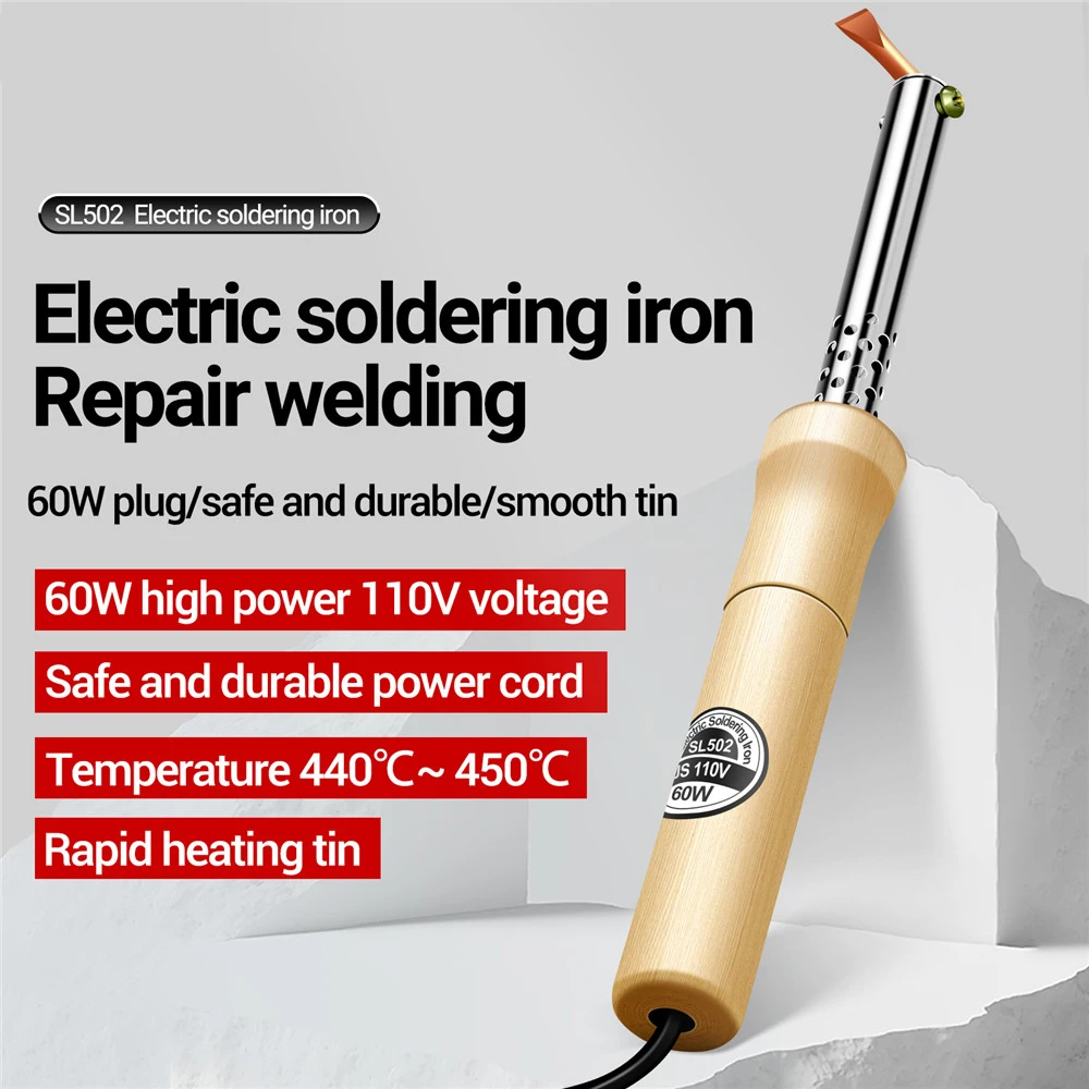 SL502 Electric Soldering Iron Stainless Steel Pipe Sleeve Soldering Iron Weld Copper Tip with Wooden Handle Home Repair Tool