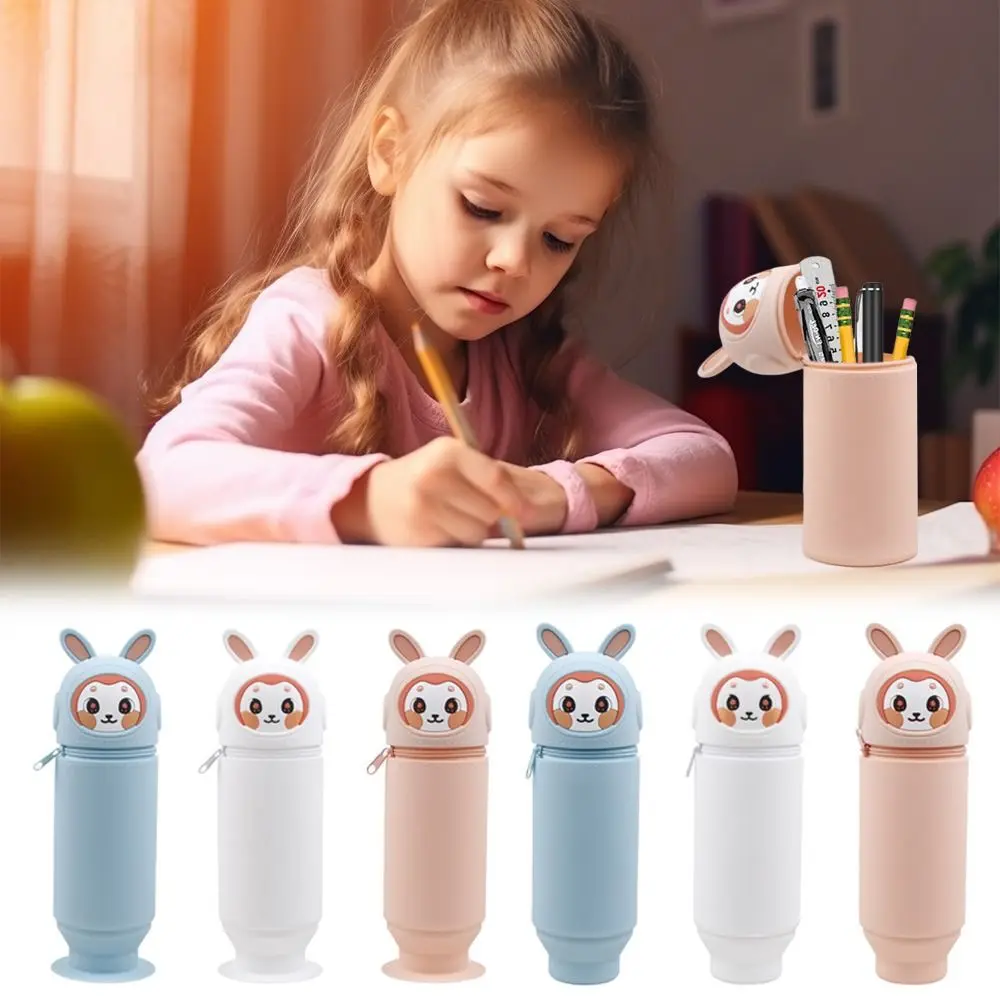 

Cartoon Silicone Pencil Holder Retractable Suction Cup Pencil Case Dirt Resistant Creative Pen Container for Students