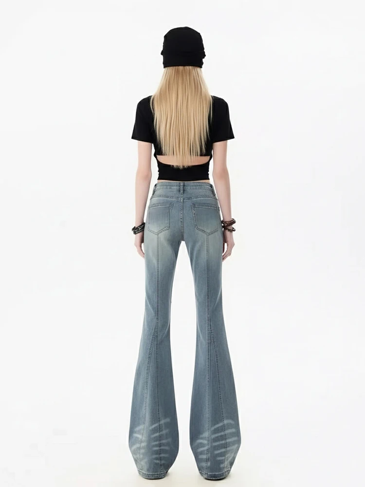 REDDACHiC Women's Bootcut Rhinestone Jeans Korea Y2K Stitch High Waist Do Old Stretch Whiskers Flare Pants Retro Everyday Wear