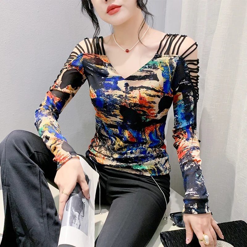 Elegant Floral Print Slim Fit Long Sleeve V-Neck Women's T-Shirt Sexy Shoulder Bared Commute Style Korean Version 3D Printed