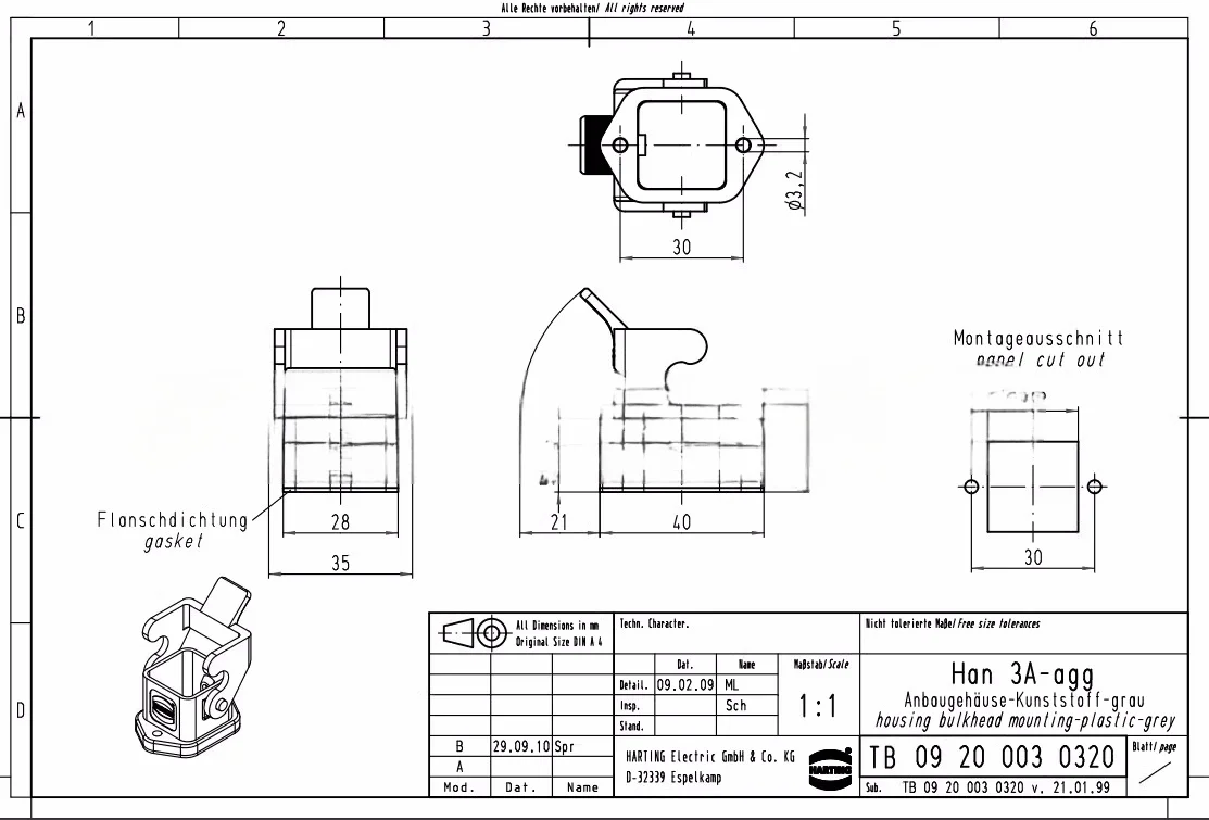 09200030320 HARTING Harding Connector H3A plastic protective housing for cut-out installation