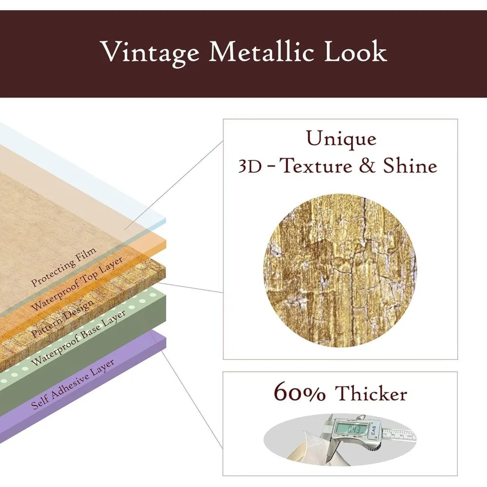 ورق جدران قابل للتقشير واللصق باللون الذهبي - مقاس 24 × 118 بوصة، عبوتان، نمط توت مزخرف، سهل الاستخدام، ورق اتصال طويل الأمد