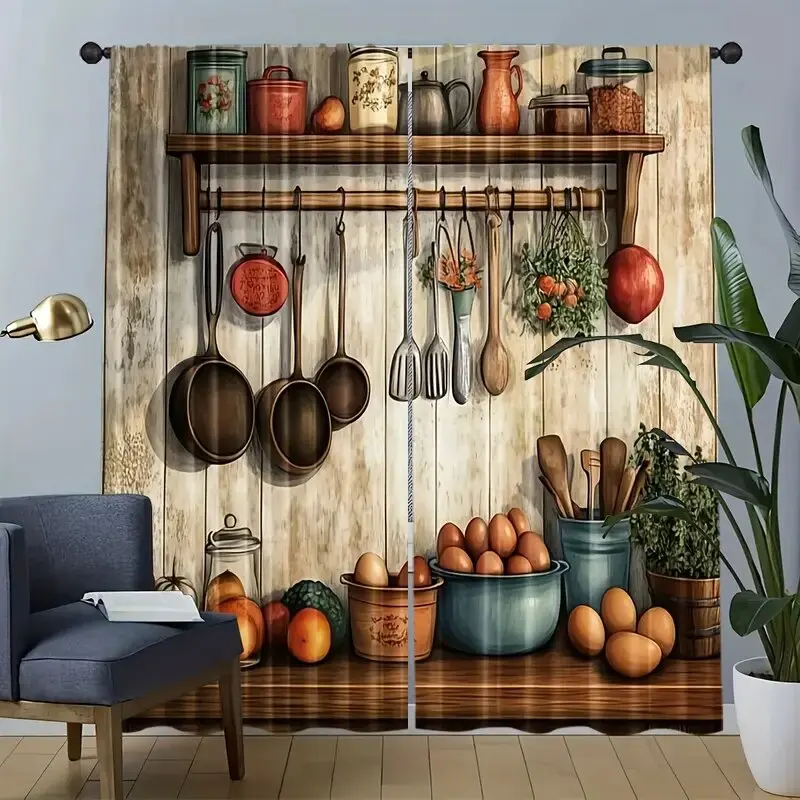 

Retro farmhouse kitchen, patterned curtains with cooking patterns, window decorations, home decorations, room decorations