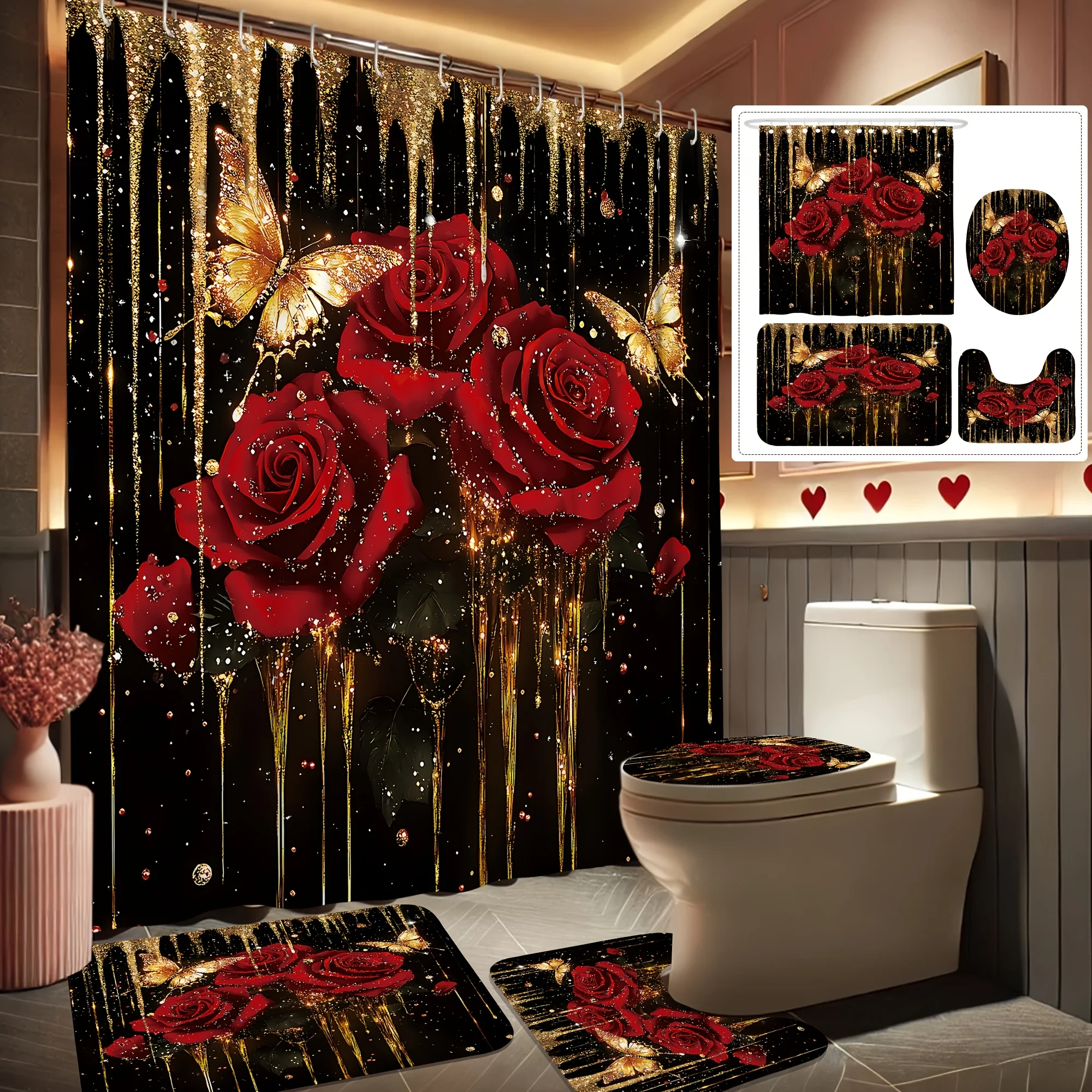 

Valentine's Day Rose Floral Butterfly Shower Curtain Set with Non-Slip Mat & Toilet Cover, Luxury Gold Red Black Romantic Decor