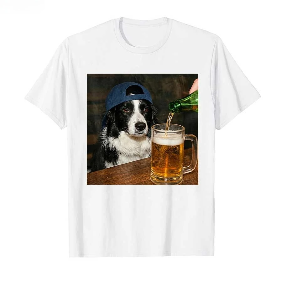 Camiseta con un meme divertido de un Border Collie bebiendo cerveza, para hombres y mujeres. Camisetas de algodón de manga corta.