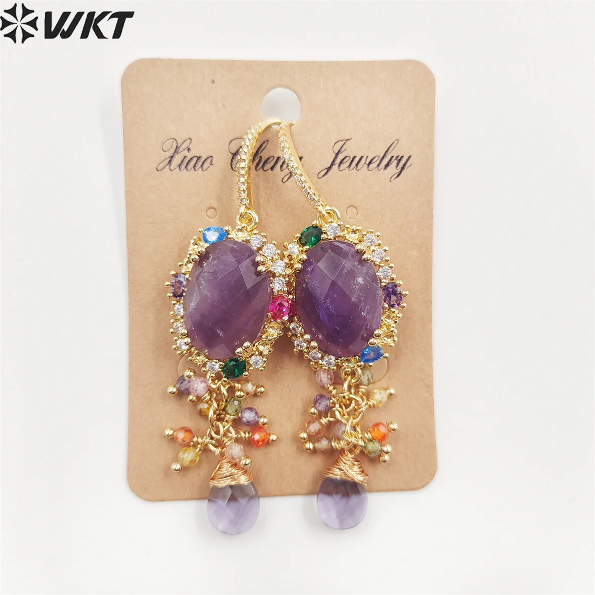 

WKT-E705 WKT 2022 Retro style black obsidian/green jade/lapis/labradorite/ amethyst gold-plate earrings gift style jewelry hot