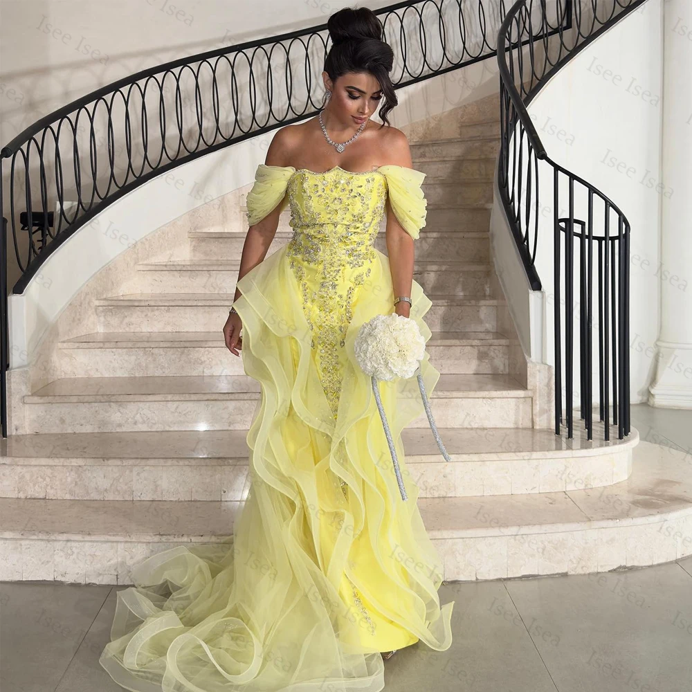 Abito da sera in cristallo dell'Arabia Saudita a sirena con spalle scoperte e perline, senza spalline, personalizzato, فستان و