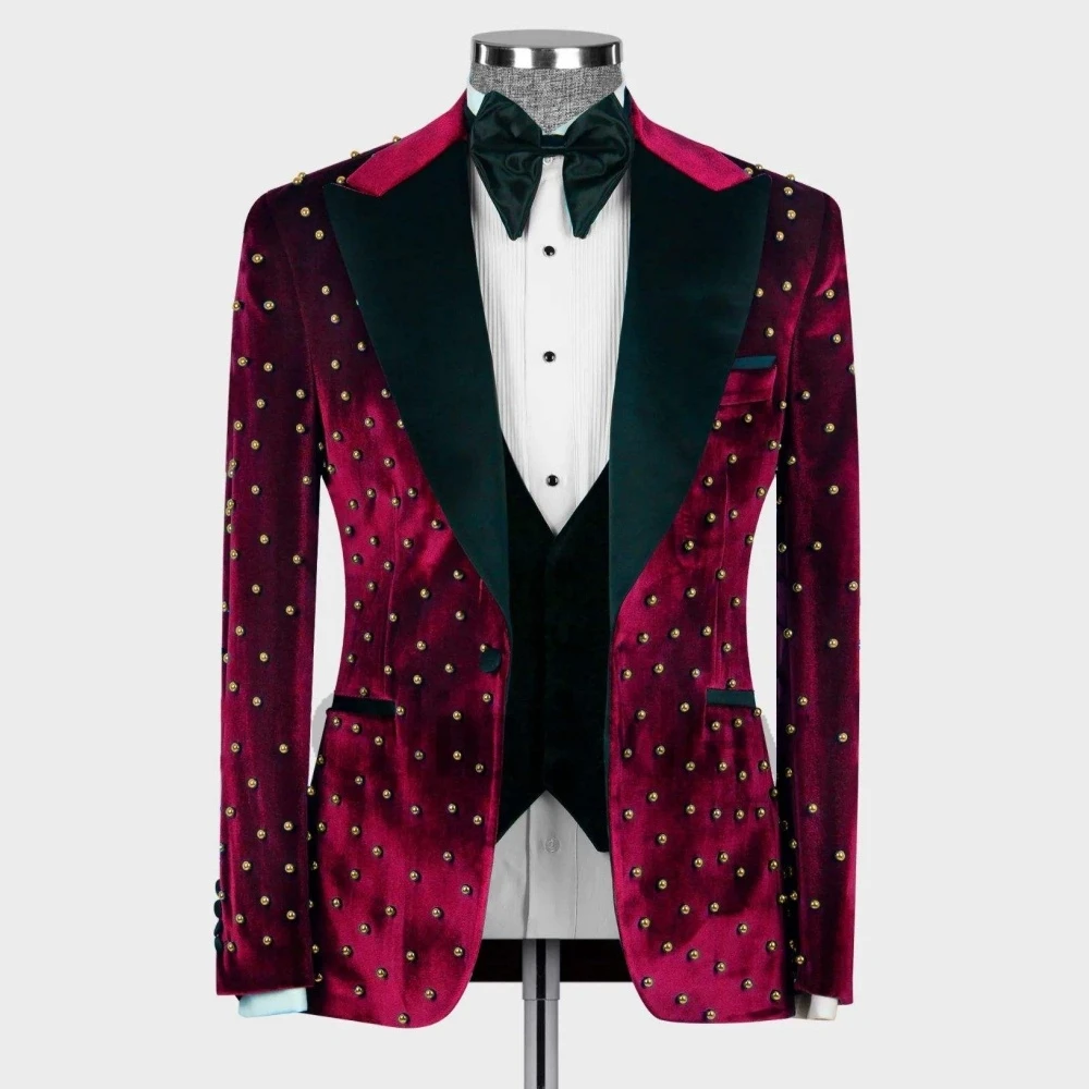 Olibexley Gold Beaded 3 Pieces Men's Formal Suit Set Slim Fitting Single Breasted Suit Pants Formal Occasion Suit Customized S81