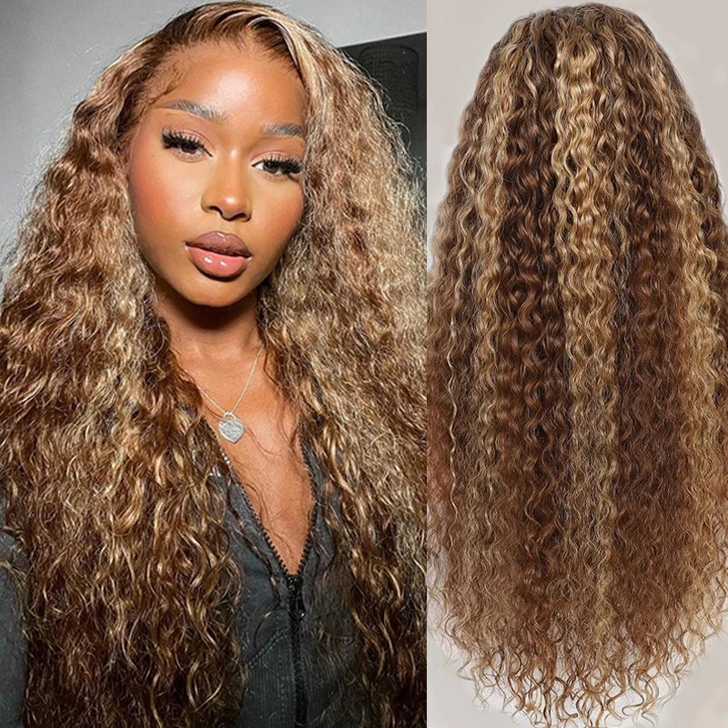 

4/27 Honey Blonde Deep Wave Lace Frontal Wigs Human Hair with Baby Hair Wet and Wavy Highlight Ombre Lace Frontal Wig Human Hair