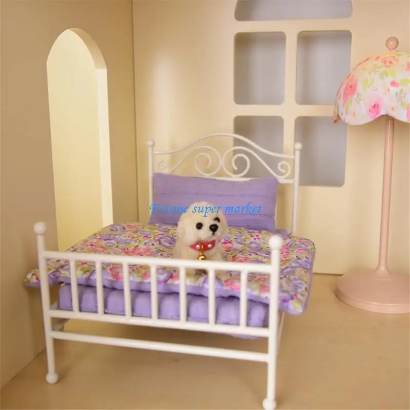 Picture 6: 090B Elegant Metal Bed Model House Bedroom Double Bed 1:12 Scale Mini Furniture Collection