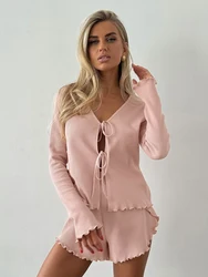 Mathaqiqi Casual Ladies Nightgown Set Sexy V-Neck Sleepwear Long Sleeve Pajama Lace Up Nightwear Shorts Loose Femme Nightie Suit