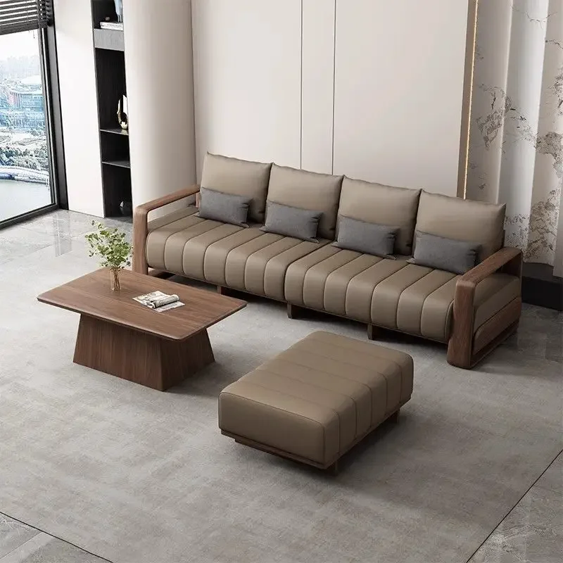 2026 solid wood sofa small apartment light luxury high-quality first-layer leather sofa combination