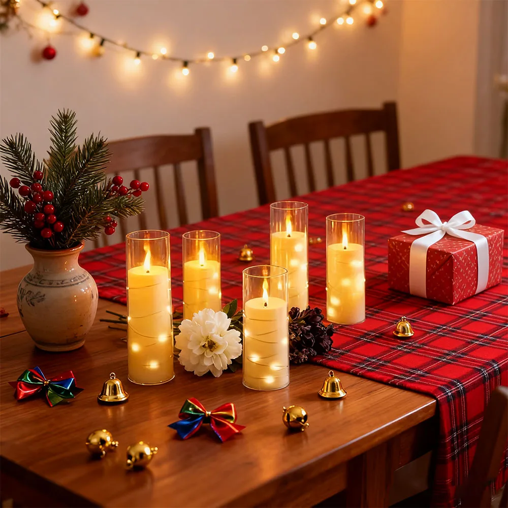 3 قطعة شموع LED عديمة اللهب مع سلسلة نجمة مدمجة تعمل بالبطارية شموع وامضة LED للديكور المنزلي
