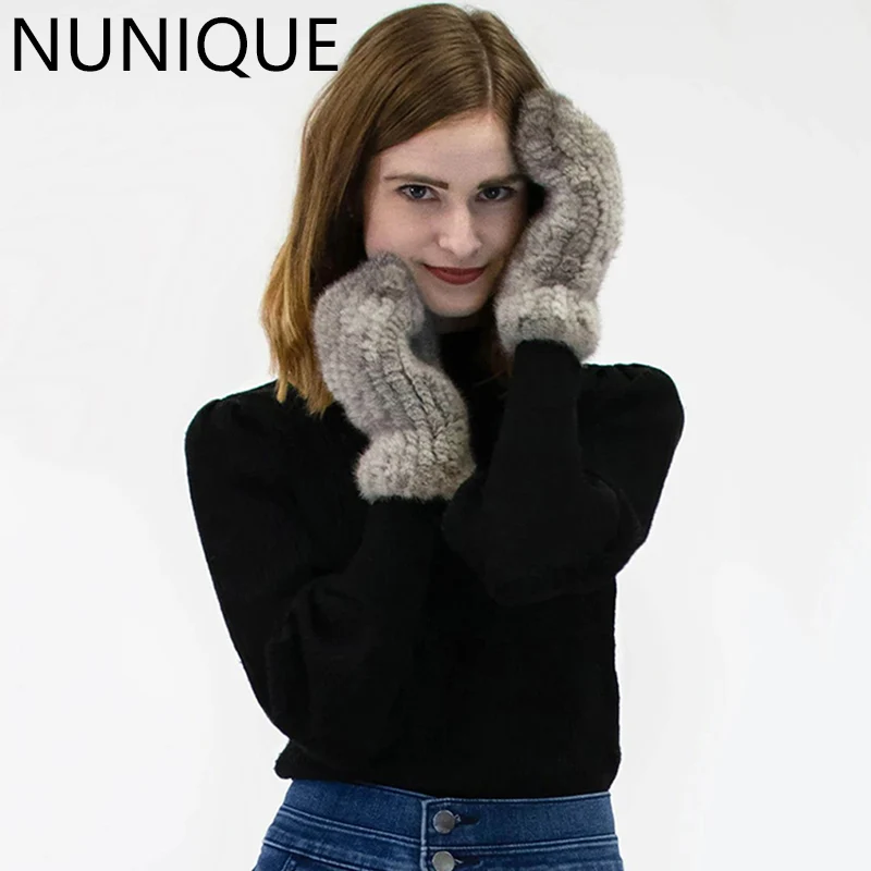 NUNIQUE Autumn and winter ladies fur gloves mink warm knitted gloves fashion cute female mittens