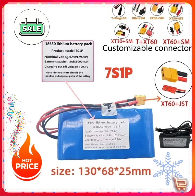 Convient pour scooters, jouets et vélos rechargeables 29,4, avec BMS intégré, batterie lithium-ion 24V 7S1P 8000mAh 18650.