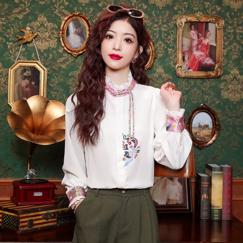 Blusa de seda manga longa feminina, camisa com gola O, top solto, roupa casual, moda coreana, verão, branca, nova, 2023