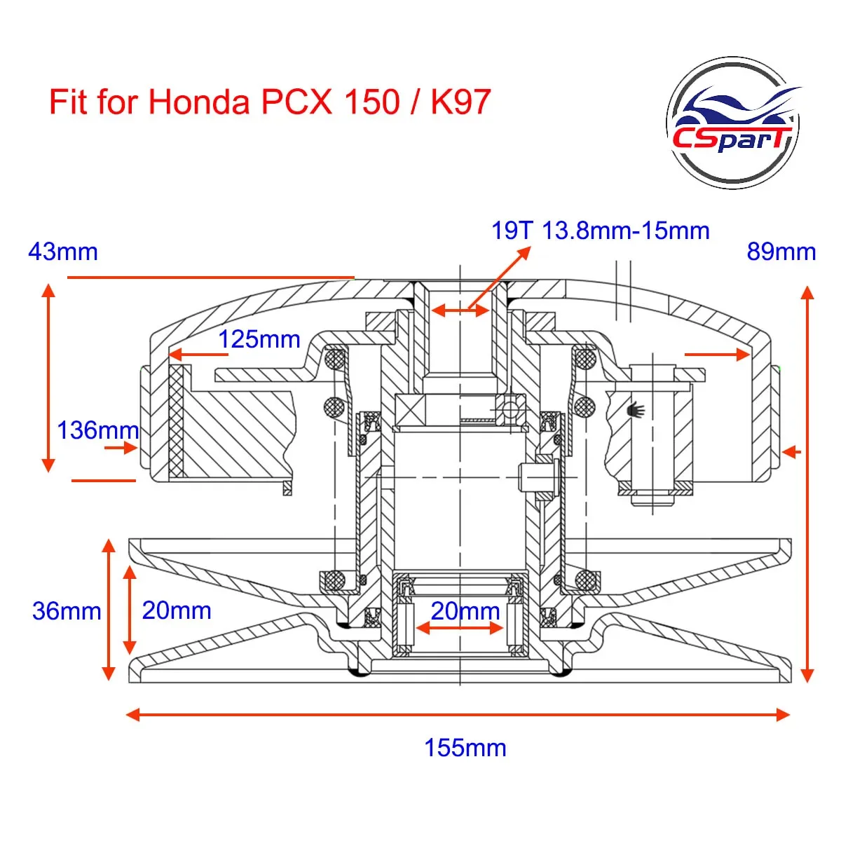 155MM 19T Clutch Bell  For Honda ADV150 WW125 PCX125 WW150 PCX150 OEM:22011-KWN-900 OEM:22102-K97-T00
