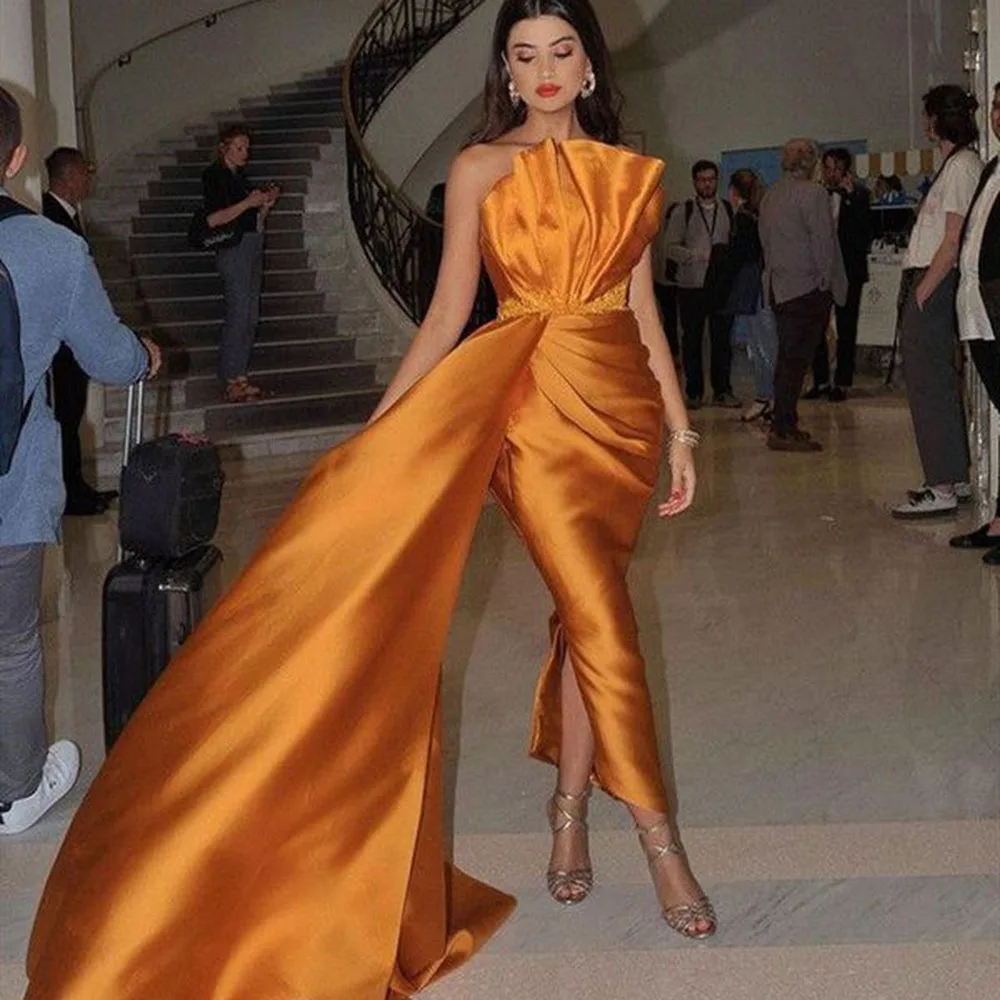 Luxury Orange Evening Party Dresses Strapless Sleeveless Floor Length Slim Fit Fashion Chic Elegant Smart Women Prom Gowns