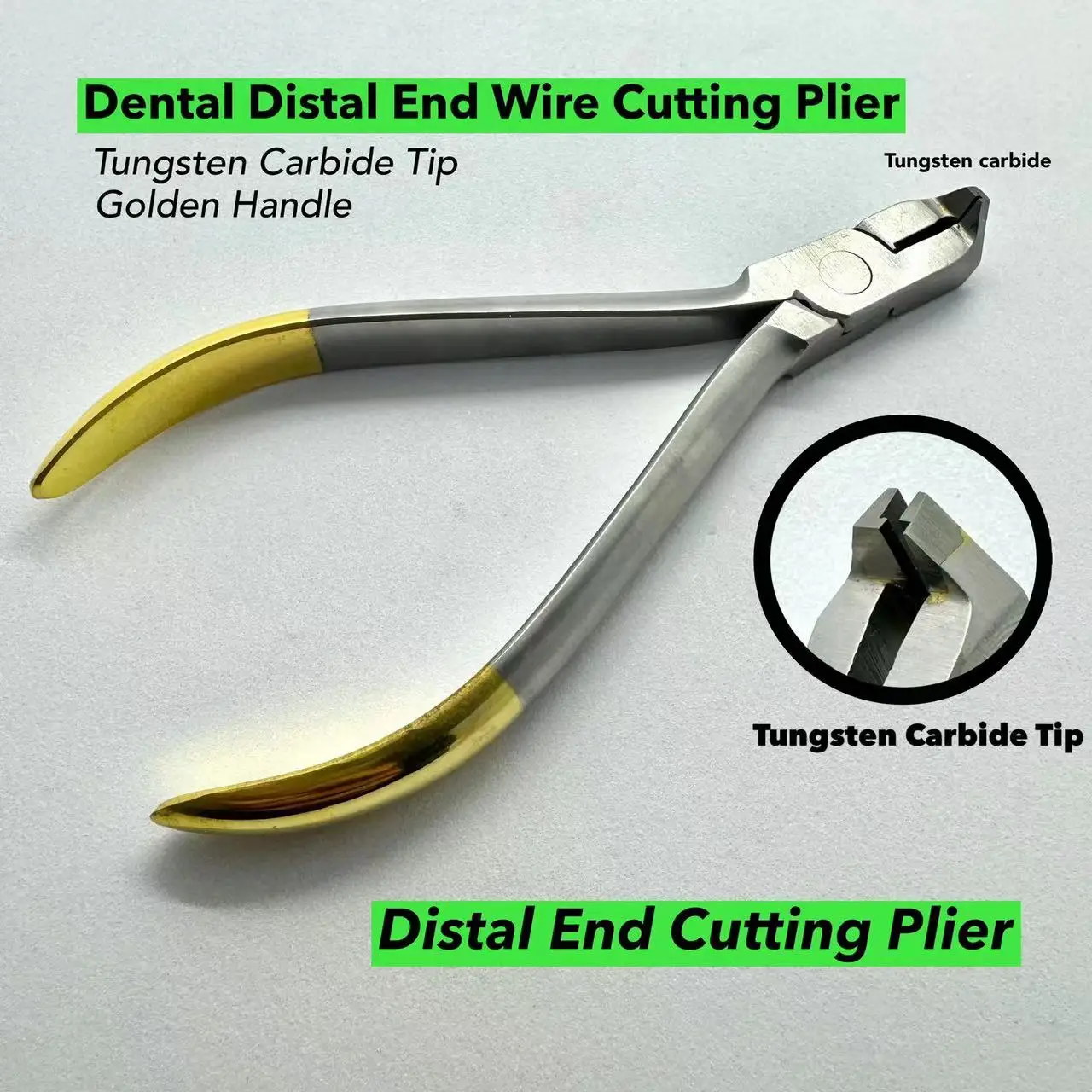 

Orthodontic Distal End Wire Cutting Plier, Dental Stainless Steel Tungsten Carbide Tip and Golden Handle Ligature Cutting Plier.