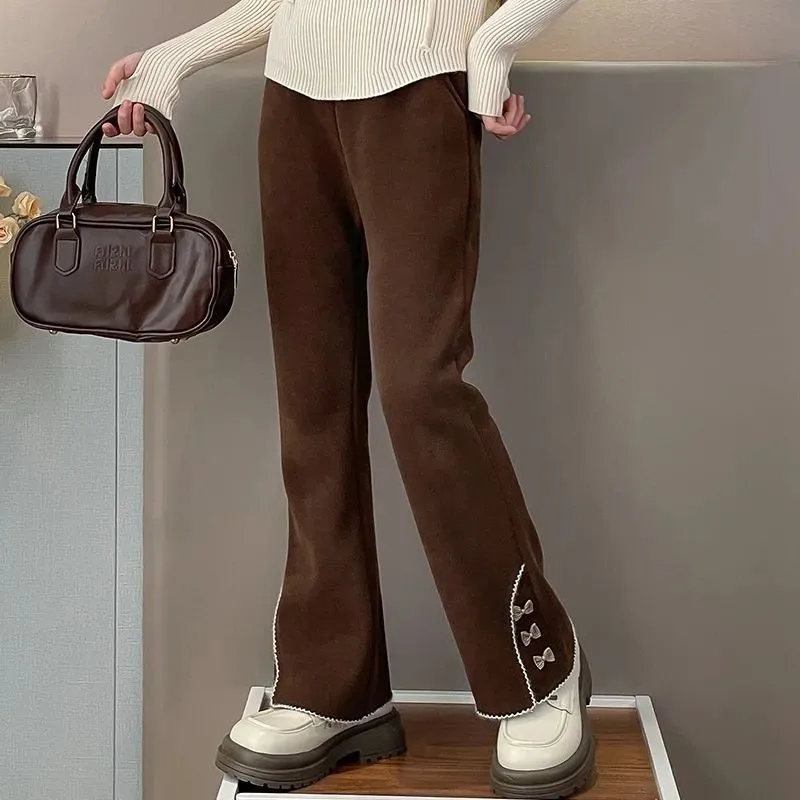 

Autumn Winter Girls' Fleece-Lined Corduroy Pants - Stylish Kids' Outerwear Trousers with Flared Bell-Bottom Design