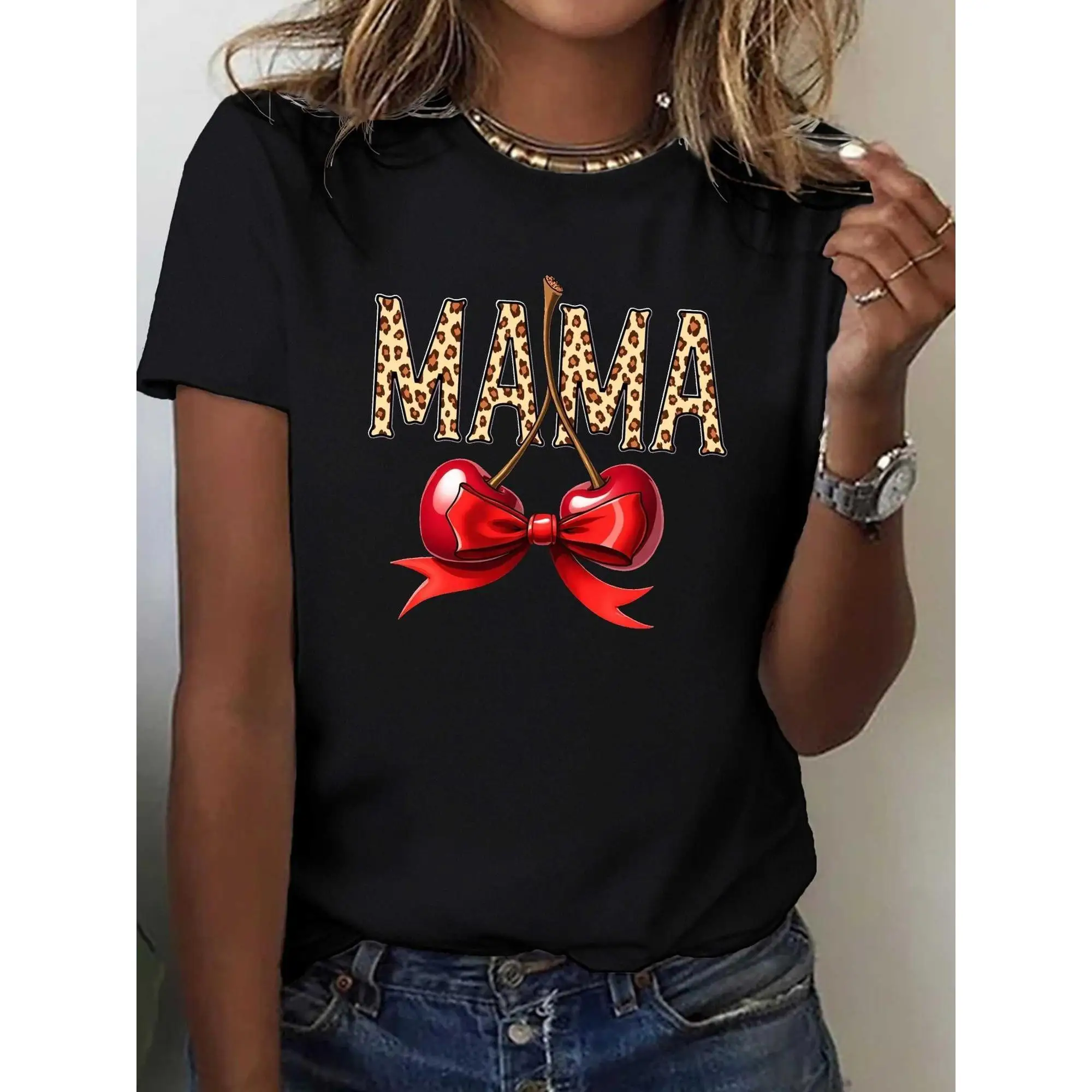 

Women'S Leopard Print Cherry Bow Pattern T-Shirt- Soft Round Neck Casual Top, For All Seasons, Machine Washable, Daily Fashion,