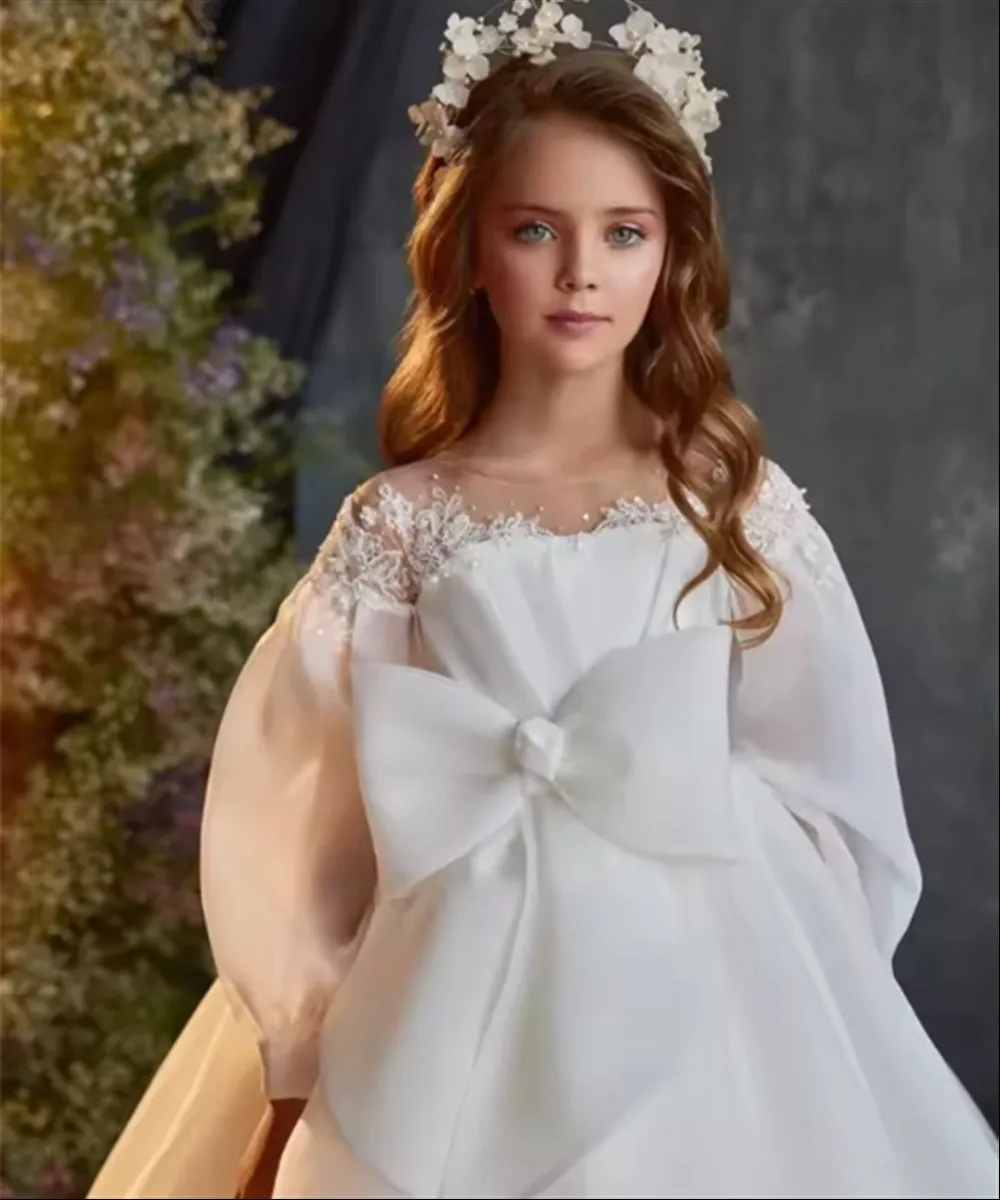 

White Flower Girl Dresses for Wedding With Bow Appliques Princess Birthday Party Prom Dress Kids First Communion Gown Customized
