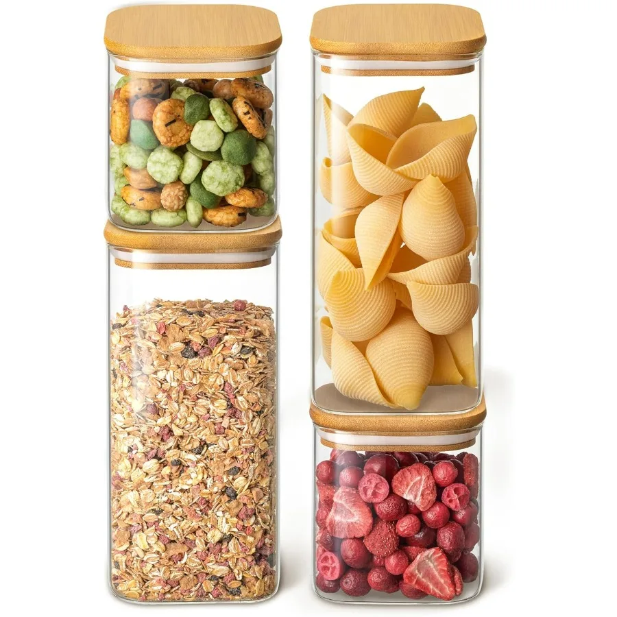 

Square Glass Food Storage Jars 50 oz 24 oz Set of 4 Kitchen Storage Jars with Bamboo Lid Airtight for Coffee Flour Pasta Cereal