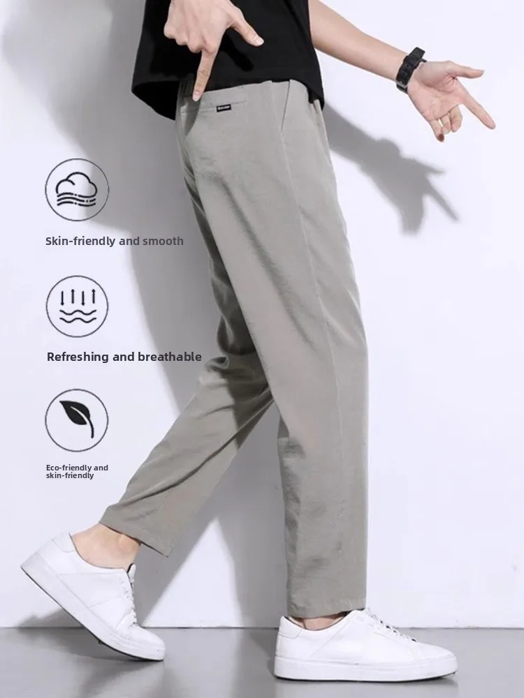 

Men's Casual Pants Ice Silk Qui Dry Elastic Summer Thin Sport Long Pants mid Waist Slim Fit Anti Wrinkle Youth Faion