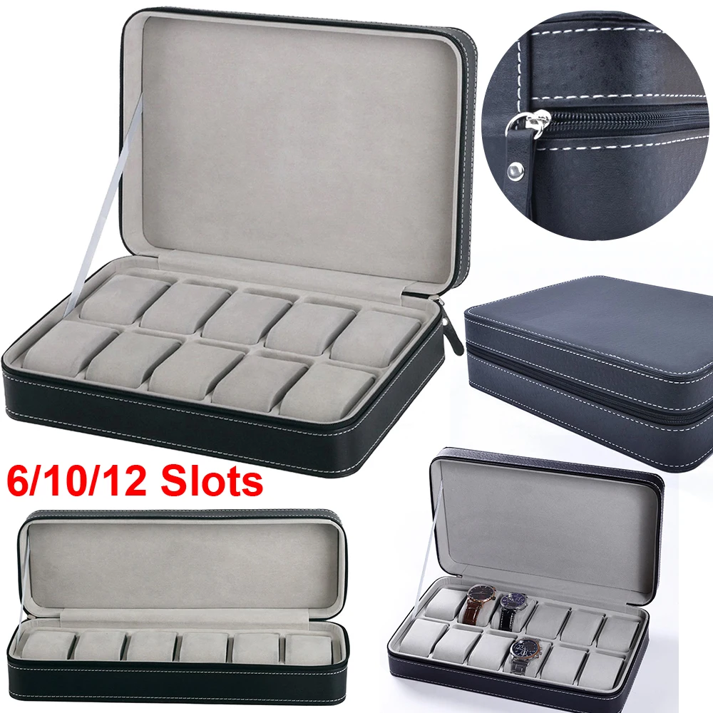 6/10/12 Slots Portable Leather Watch Box Your Watch Good Organizer Jewelry Storage Box Zipper Easy Carry Men Watch Box New