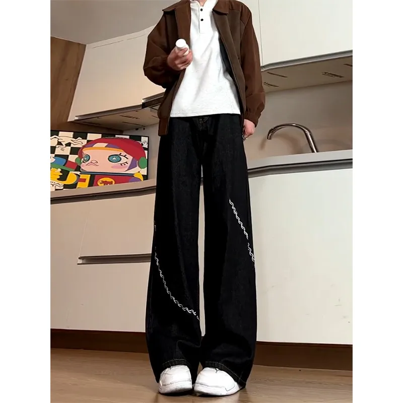 

American Sli Brand Men's Bla Embroidered Denim Jeans Wide Leg Pants Lengthening Legs Effect Lazy Retro Straight Cut Tro...