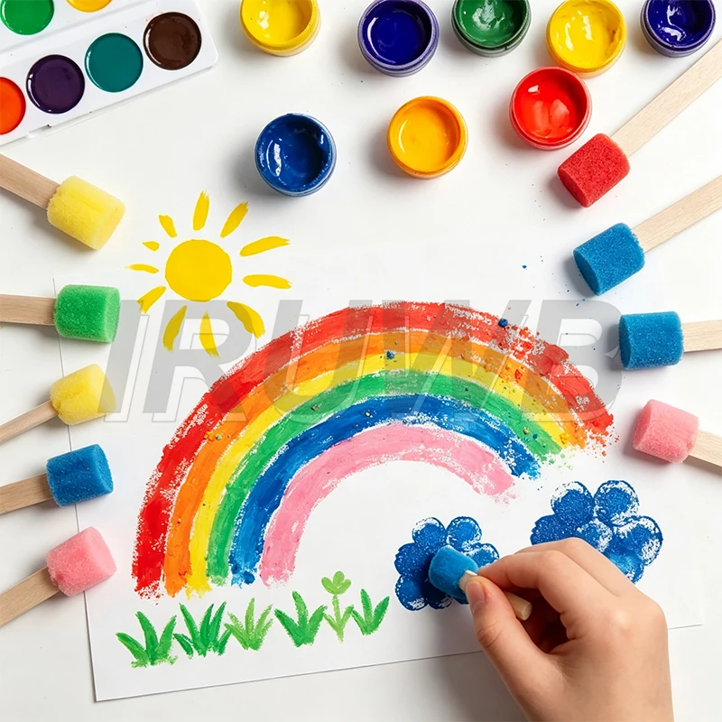 Foam Sponge Brush with Wooden Handle Round Flower Multi Size Painting Tools for Kids Children DIY Acrylic Watercolor Varnishes