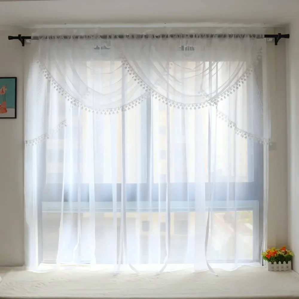Double Arc Lace Valance Style Net Wave Curtain Sheer White Window Screening for Livingroom Balcony Kitchen 1PCS