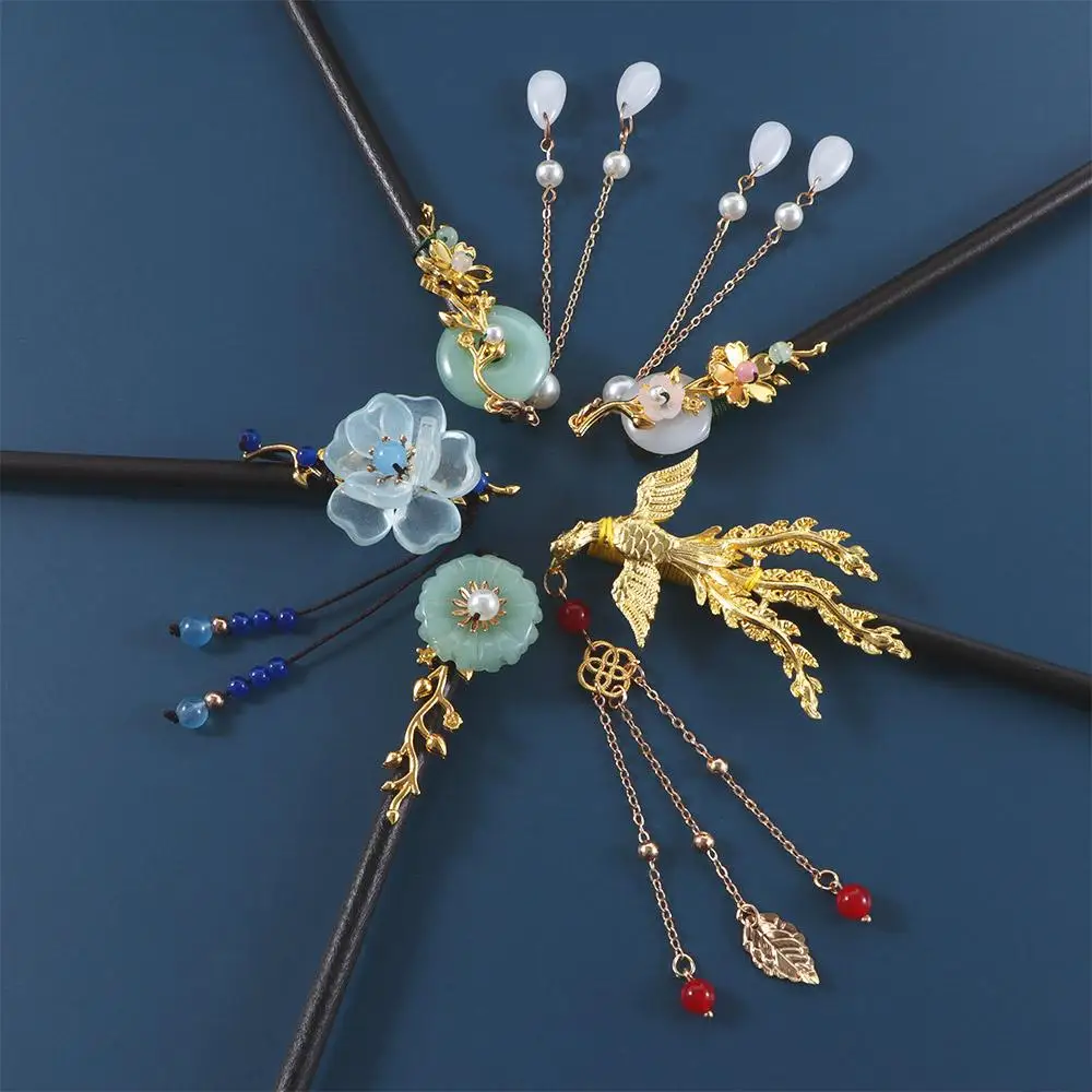 Simple Elegant Ladies Disk Hair Hanfu Tassel Wooden Hair Fork Flower Hairpins Hair Accessories Hair Sticks