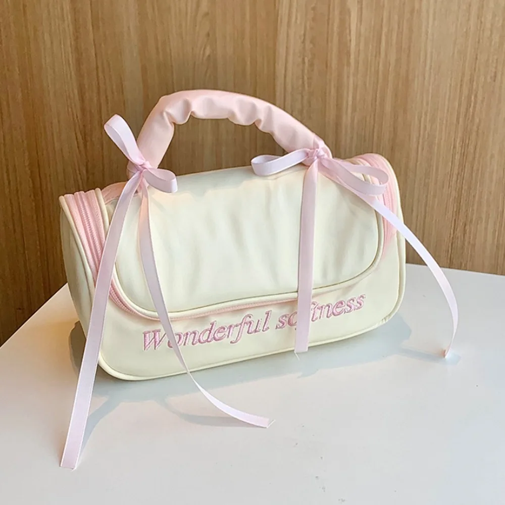 

PU Leather Women's Makeup Bag Ballet Style Handheld Large Capacity Toiletry Ba Handbag Waterproof Bowknot Cosmetic Bag Travel