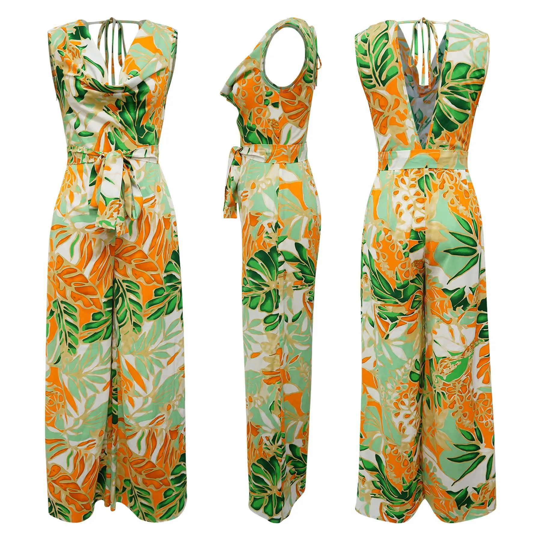 패션 여성 꽃 인쇄 빈티지 민소매 넓은 다리 점프 슈트 여름 해변 나이트 클럽 Playsuit 원피스 정장 Romper