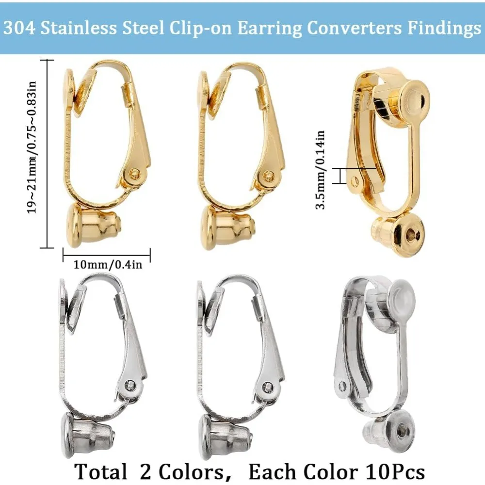 Clip per orecchini in acciaio inossidabile da 20 pezzi Clip in oro su convertitori per orecchini Argento con 20 cuscinetti per orecchini in silicone Kit ad anello aperto