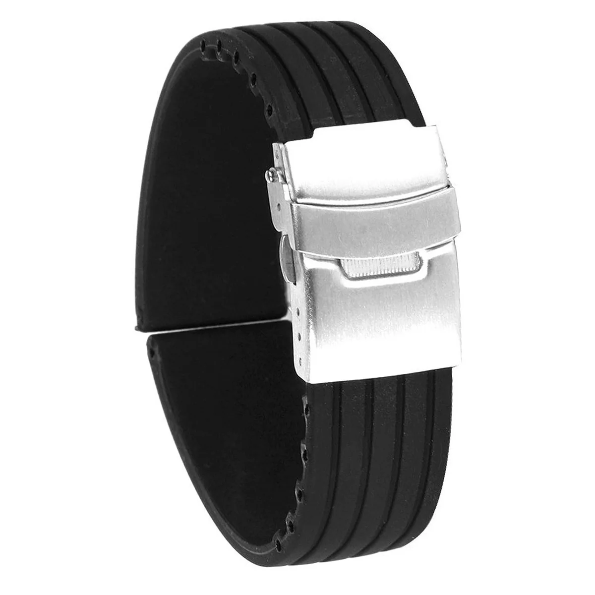 20mm Waterproof Stripes Pattern Silicone Watch Band Strap with Stainless Steel Clasp Buckle (Black) Silicone watch strap 20mm